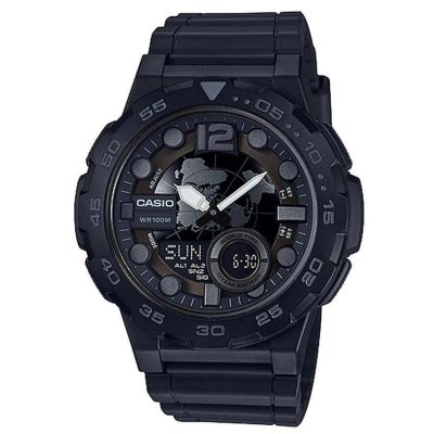 CASIO AEQ100W-1BV Men's Analog Digital Metallic 3D Dial Black Resin Watch