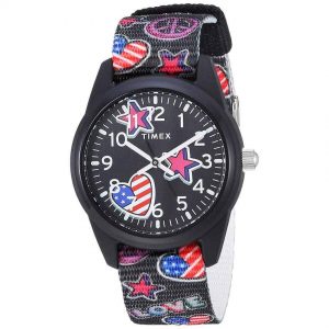 Timex T7C237 Girl's Time Machines Black/Stars & Flags Nylon Strap Watch