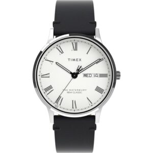 Timex TW2W15000 Men's Waterbury White Dial Black Leather Dress Watch