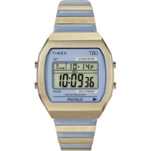 Timex TW2W40800 T80 Blue Digital Dial Gold-Tone Stainless  Steel Expansion Band Watch