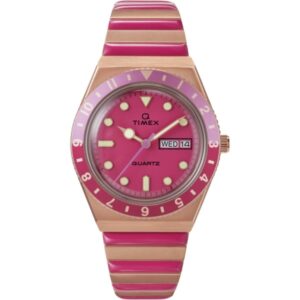 Timex TW2W41000 Women’s Q Timex Pink Dial Rose Gold-Tone/Pink Stainless  Steel Expansion Band Watch