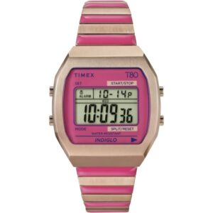 Timex TW2W41600 Women’s Timex T80 Pink Digital Dial Pink and Rose Gold-Tone Stainless  Steel Expansion Band Watch