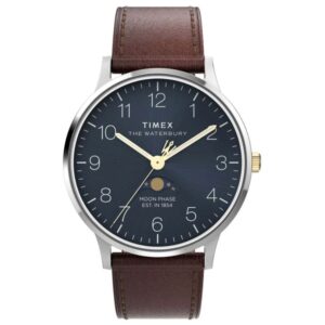 Timex TW2W75600 – Men's Waterbury Classic Moon Phase Leather Strap Watch