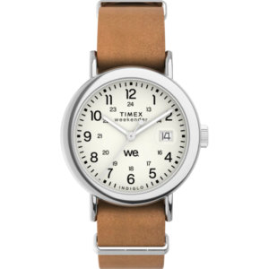 Timex TW2W86500 Unisex Weekender Silver Case White Dial Brown Slip Thru Leather Strap Watch