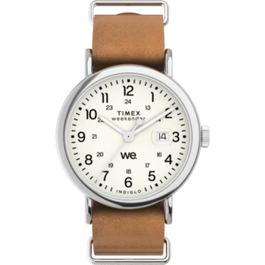 Timex TW2W86900 Men's Weekender Silver Case Brown Slip Thru Leather Strap Medium Watch